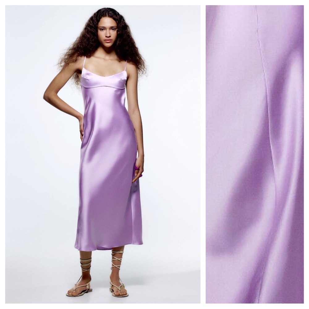 NWT. Zara Lilac Satin Effect Midi Dress. Size L.